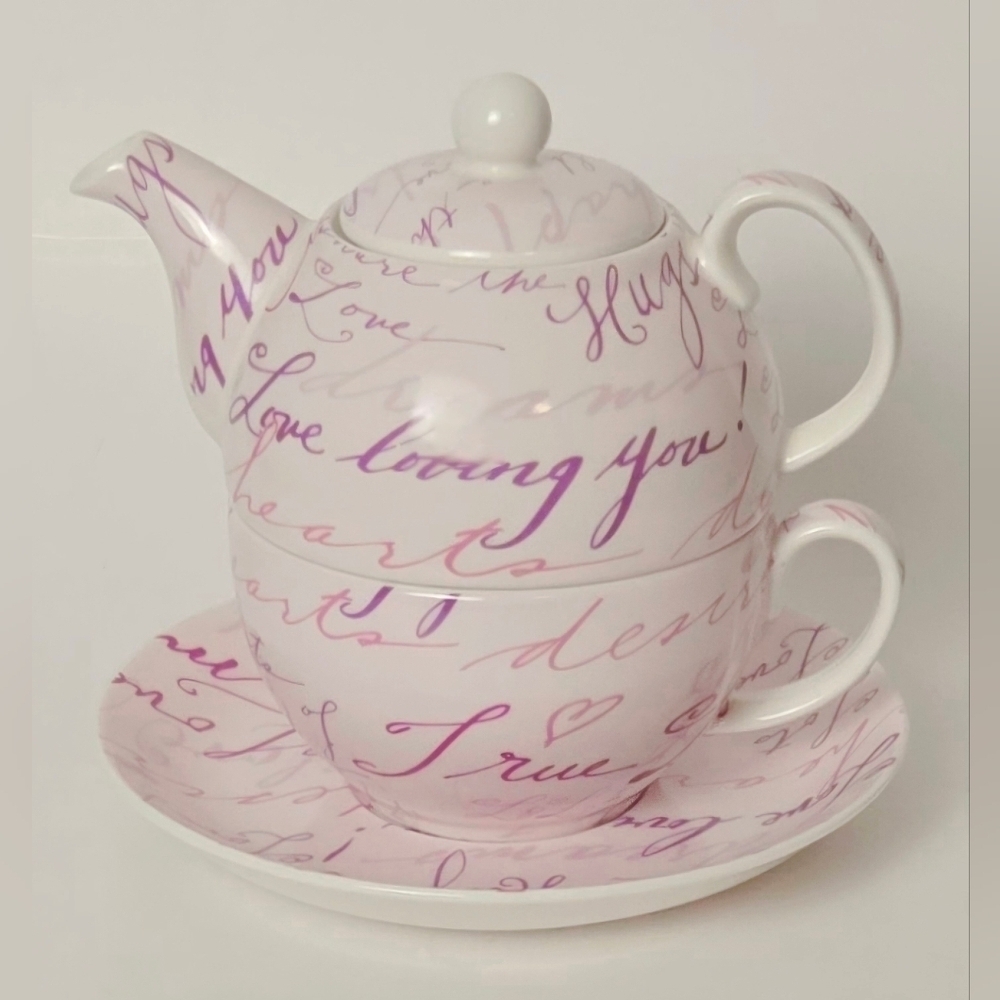 Teapopia Tea for One Set Pink Romantic Script Teapot Cup Saucer Infuser